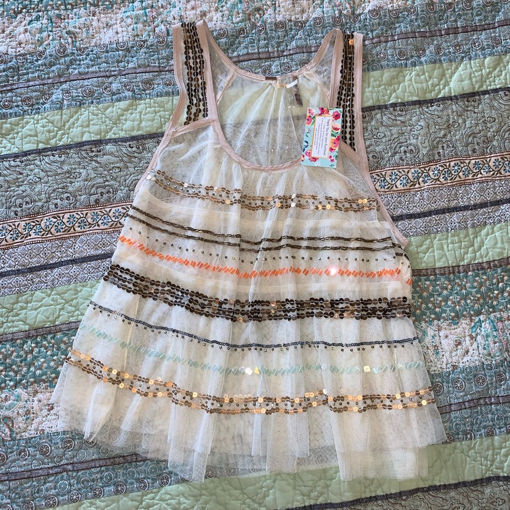 Free People Ivory Sheer Embellished Racerback Tank